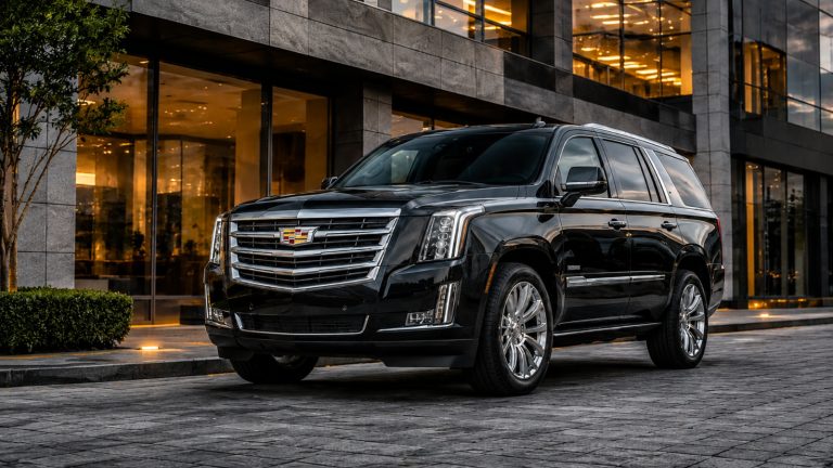 A black luxury Cadillac SUV parked outside a modern commercial building