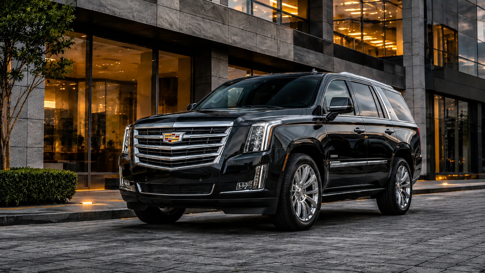 A black luxury Cadillac SUV parked outside a modern commercial building