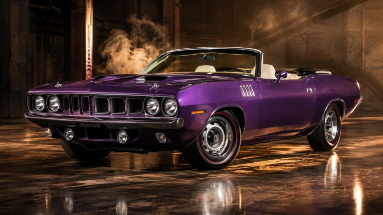 A purple classic convertible muscle car parked inside a dimly lit industrial garage with smoke