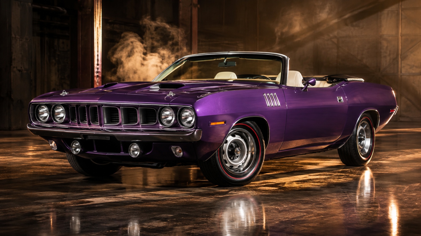 A purple classic convertible muscle car parked inside a dimly lit industrial garage with smoke