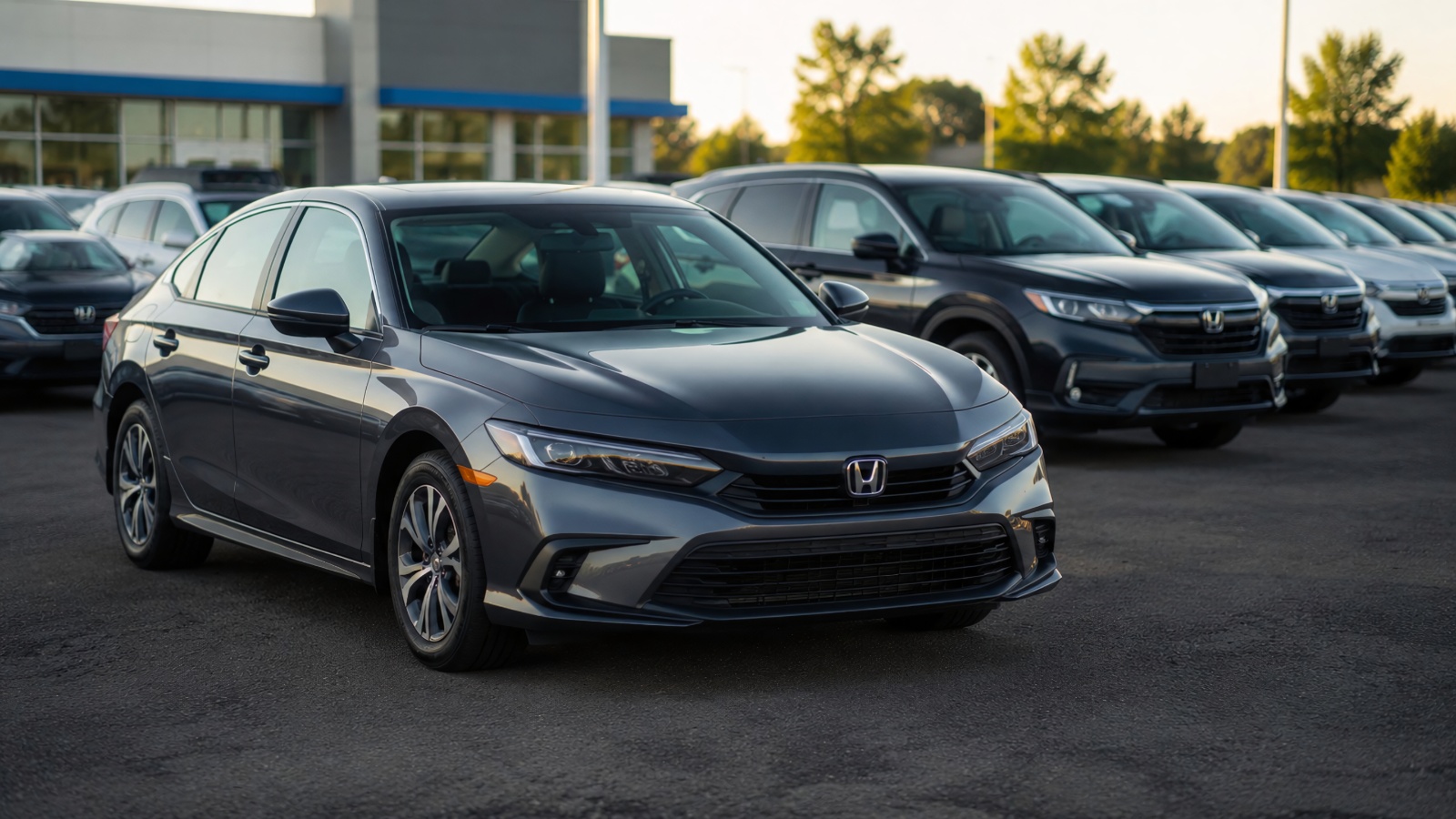 A dark gray sedan parked in a row of cars at a dealership lot