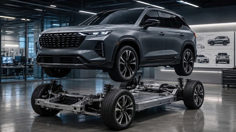 A modern gray SUV body hovering above its standalone automotive chassis and wheels in a studio