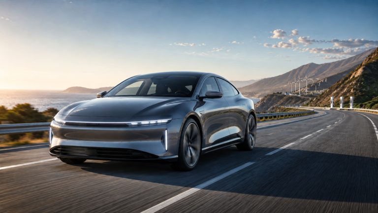 A sleek grey electric car driving on a scenic coastal highway during sunset