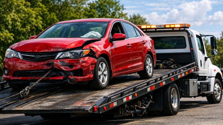 Damaged red car loaded on the back of a tow truck