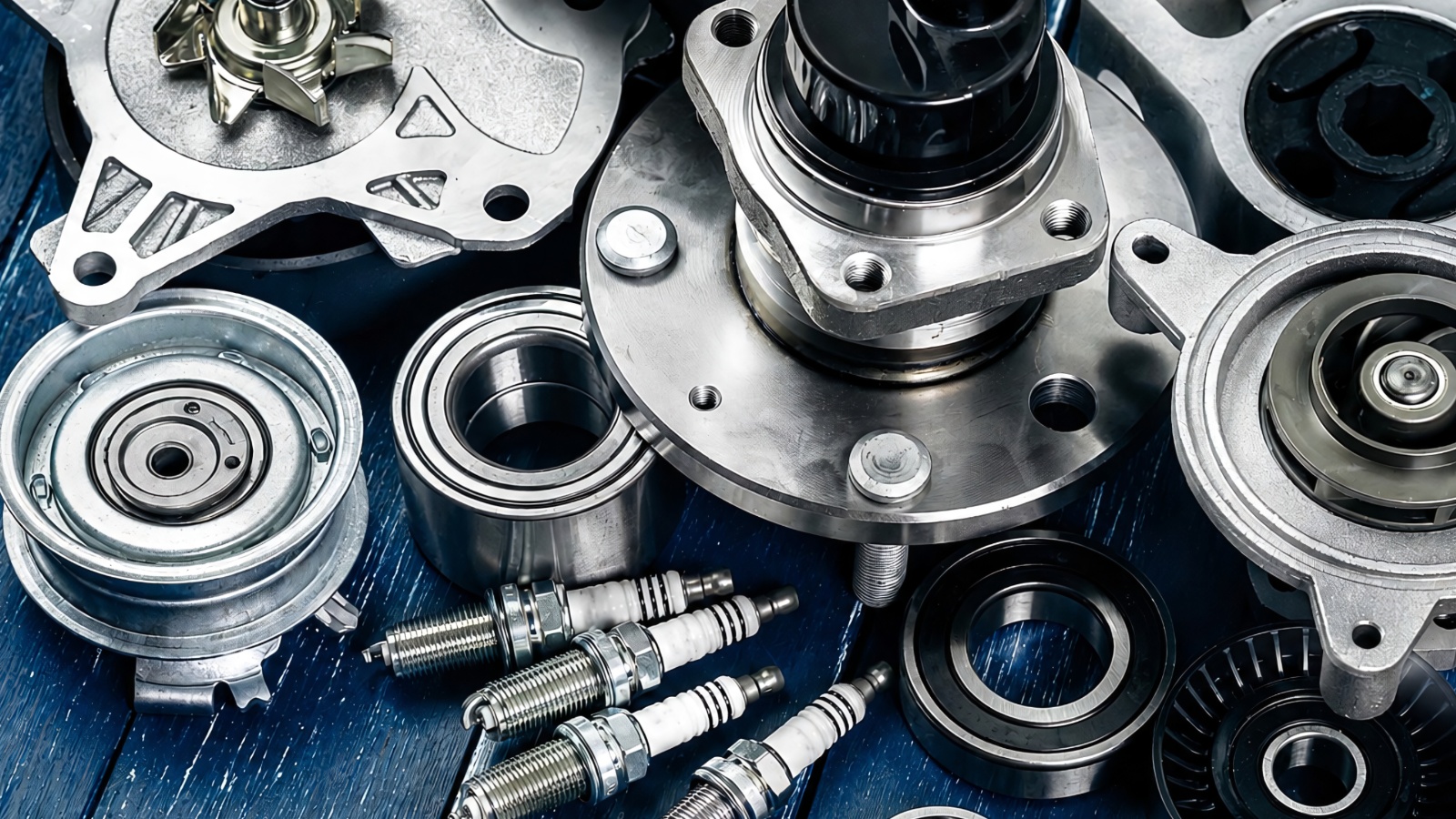 close-up shot of various new silver metallic car parts on a blue surface