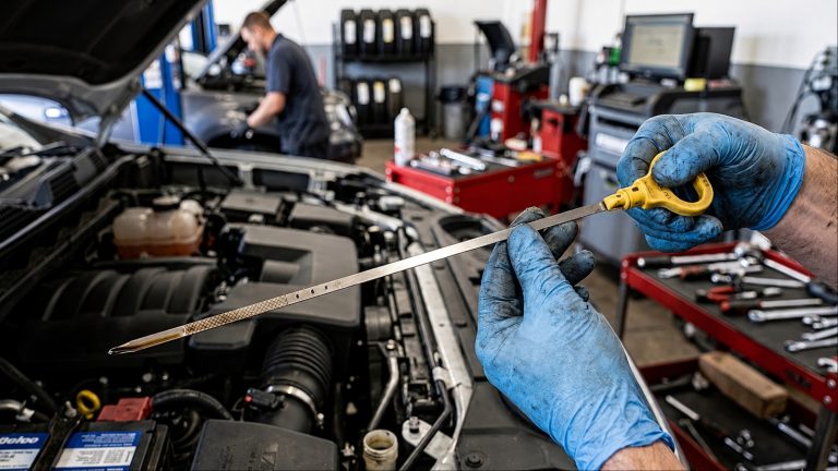 mechanic wearing blue gloves holds a car oil dipstick over an open engine bay.
