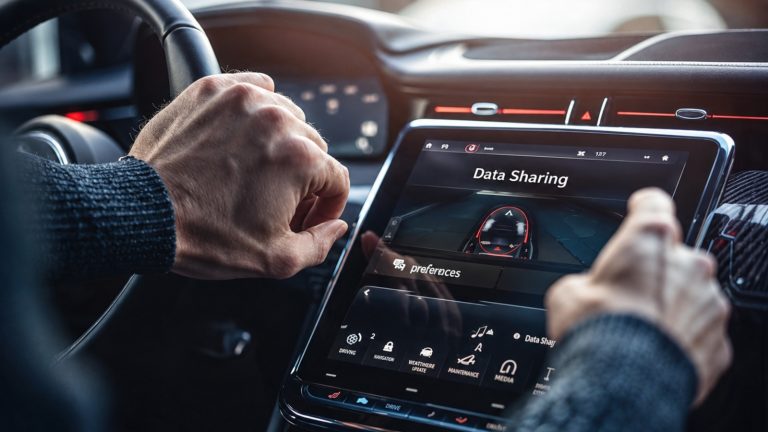 driver’s hands operate a modern car touchscreen displaying a data sharing settings menu