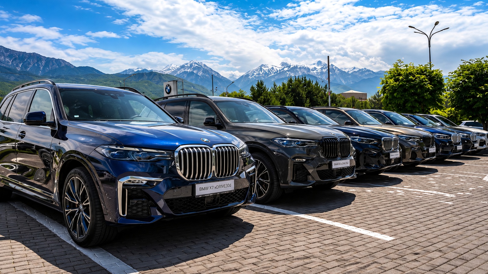 row of luxury blue and dark SUVs parked outside against a mountain backdrop