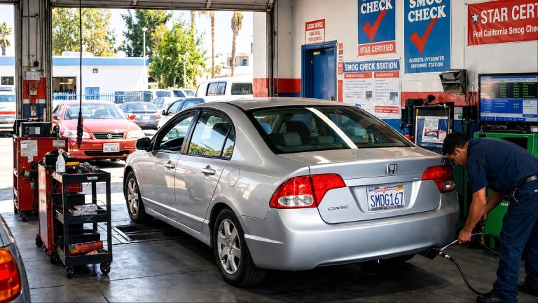 Mechanic performing a smog check test on a silver car