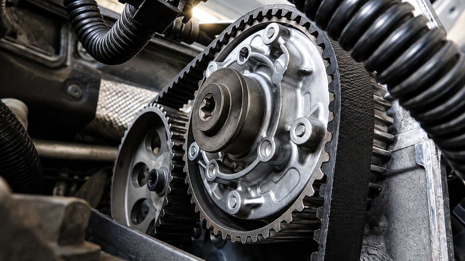 close-up view of a car engine compartment highlighting the timing belt and pulleys