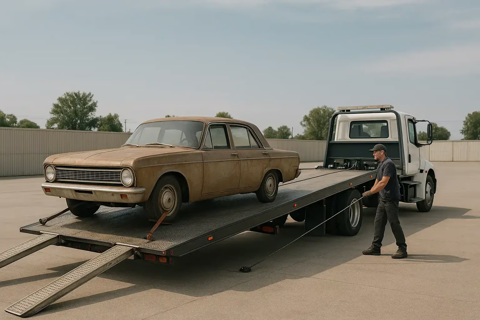 1963 Ford Country Squire being loaded onto a flatbed truck