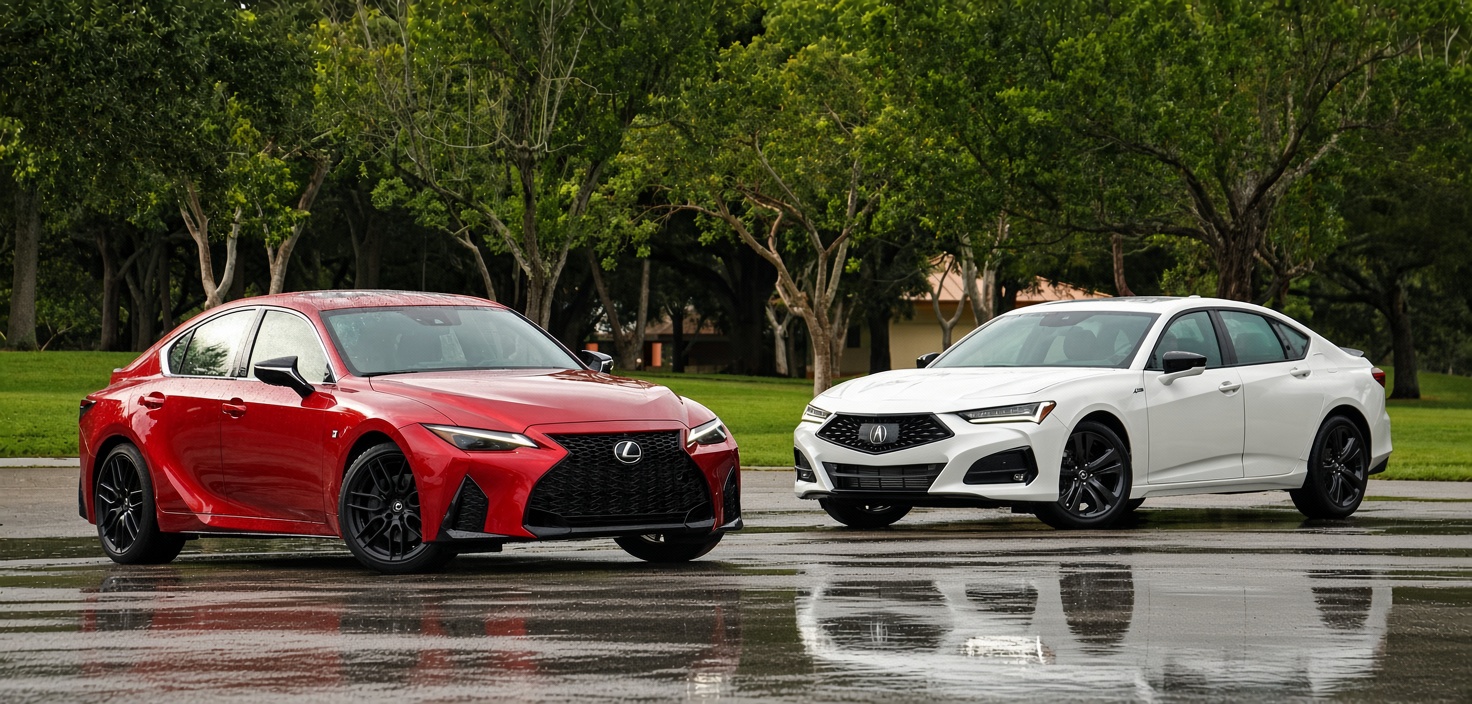 2021 Lexus IS in red parked alongside the 2021 Acura TLX