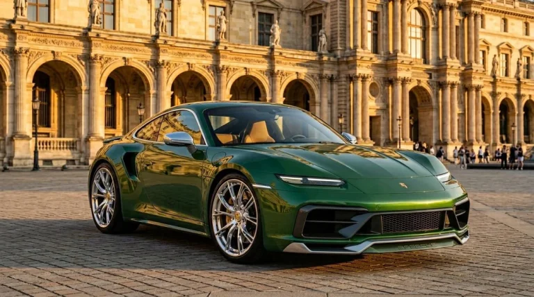 A Porsche is standing in front of a historic building