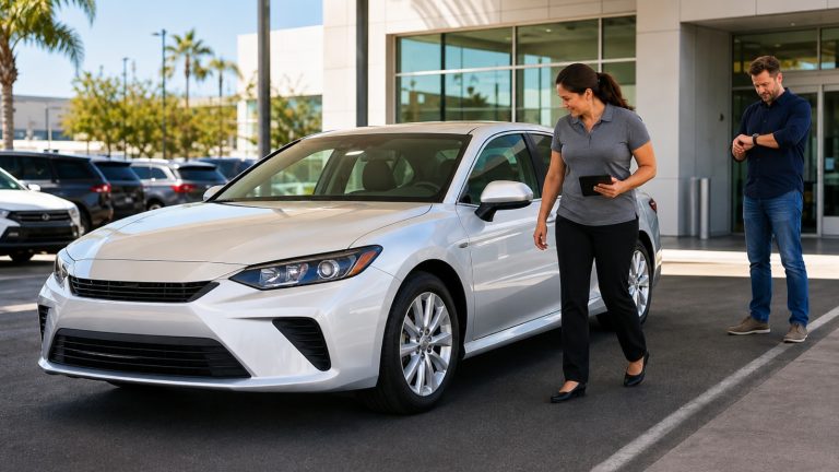 car salesperson walks by a silver sedan while a man checks his watch