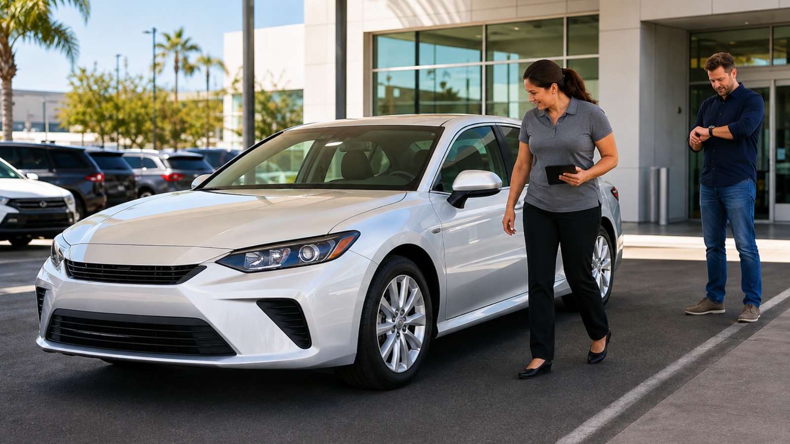 car salesperson walks by a silver sedan while a man checks his watch