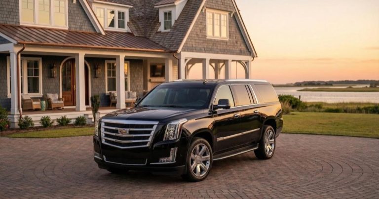 Cadillac Escalade parked outside a luxury home during golden hour