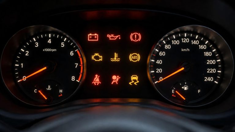 car dashboard illuminated with multiple glowing warning lights between the speedometer and tachometer