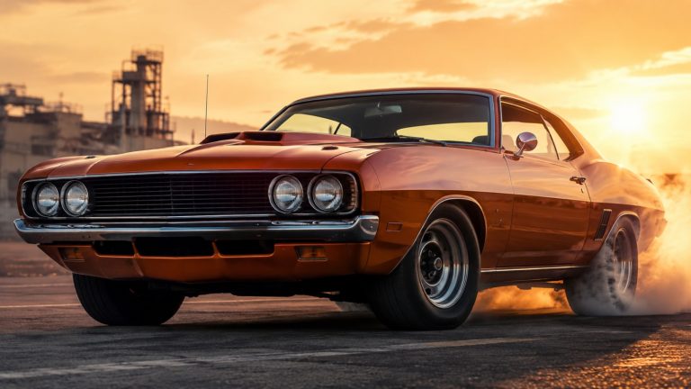 An orange classic muscle car doing a burnout at sunset with smoke rising from tires