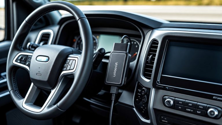 black electronic starter-interlock device plugged into a vehicle's OBD-II port near the steering wheel