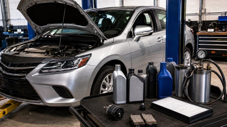 A silver car with an open hood in a garage alongside a cart with maintenance parts