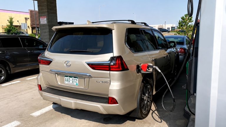 gold Lexus LX 570 SUV refueling at a gas station
