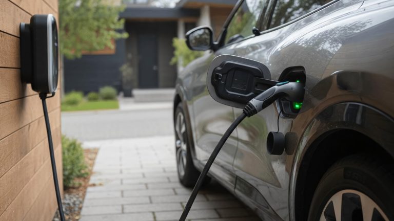 A gray electric vehicle parked in a driveway charging with a wall-mounted charger