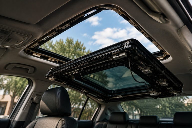 Interior view of a car showing an open sunroof mechanism with sky visible above