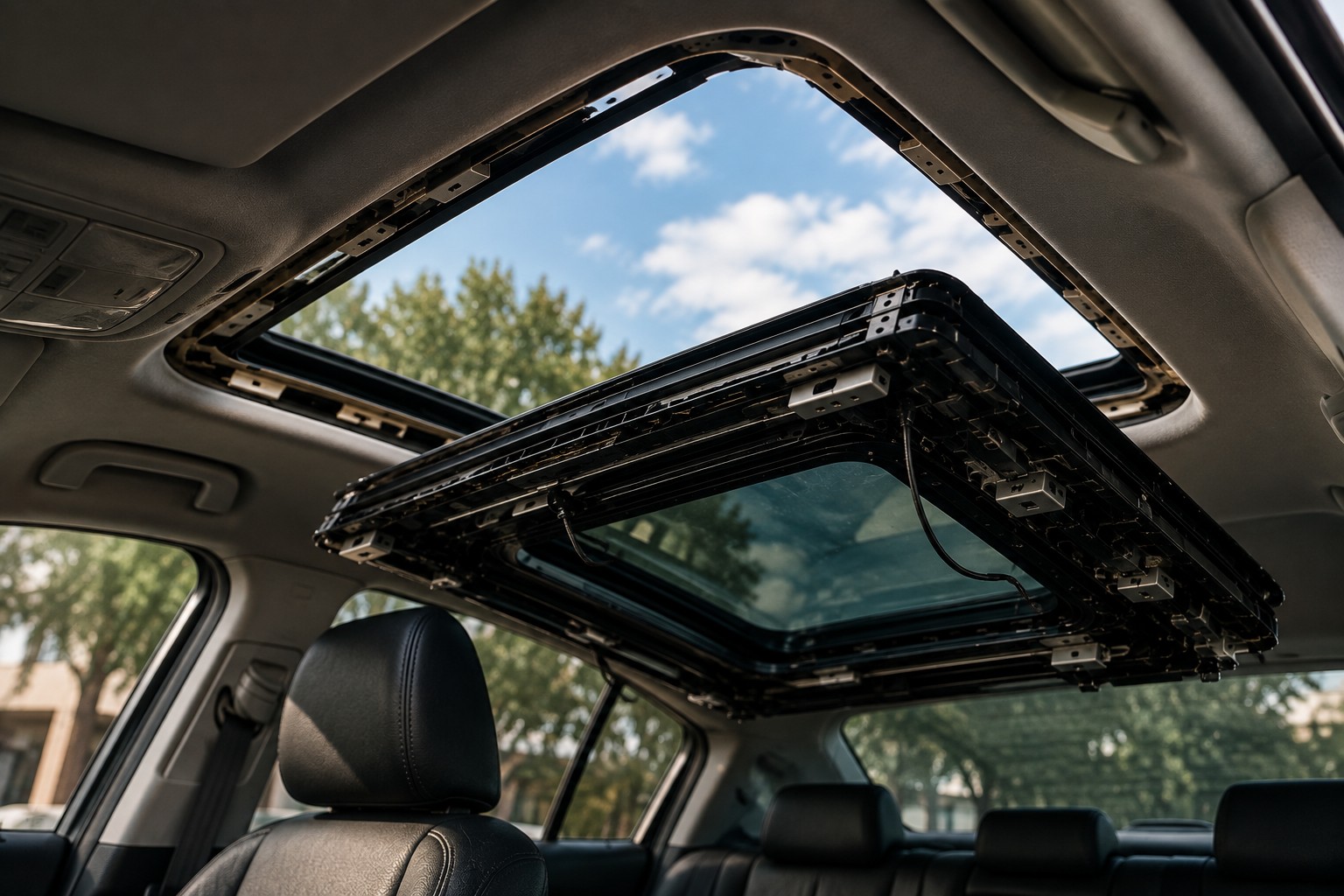 Interior view of a car showing an open sunroof mechanism with sky visible above