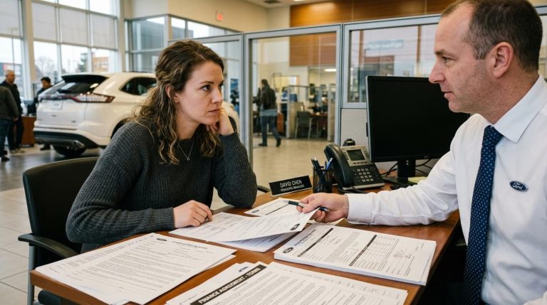 Customer reviewing dealership fee paperwork