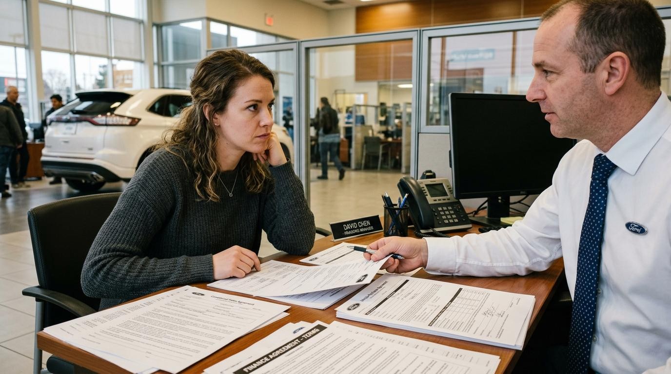 Customer reviewing dealership fee paperwork