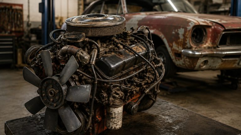 An old car engine rests on a workbench before a rusty classic car.