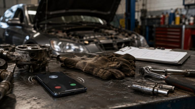 A ringing smartphone lies on a cluttered mechanic's workbench featuring tools, gloves, and a car