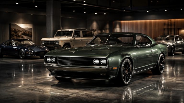 A sleek green classic muscle car parked inside a dimly lit modern showroom with multiple vehicles