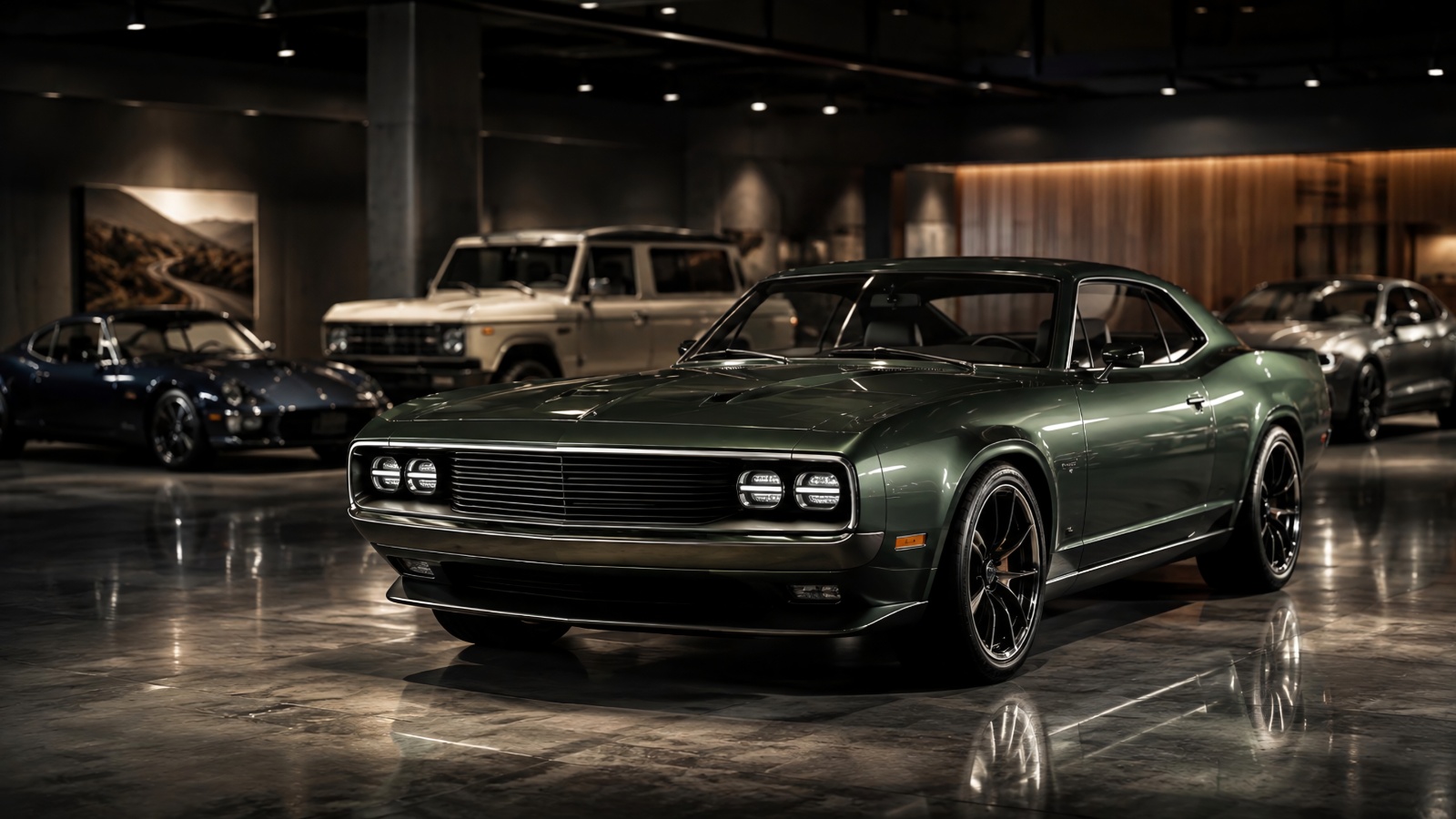 A sleek green classic muscle car parked inside a dimly lit modern showroom with multiple vehicles