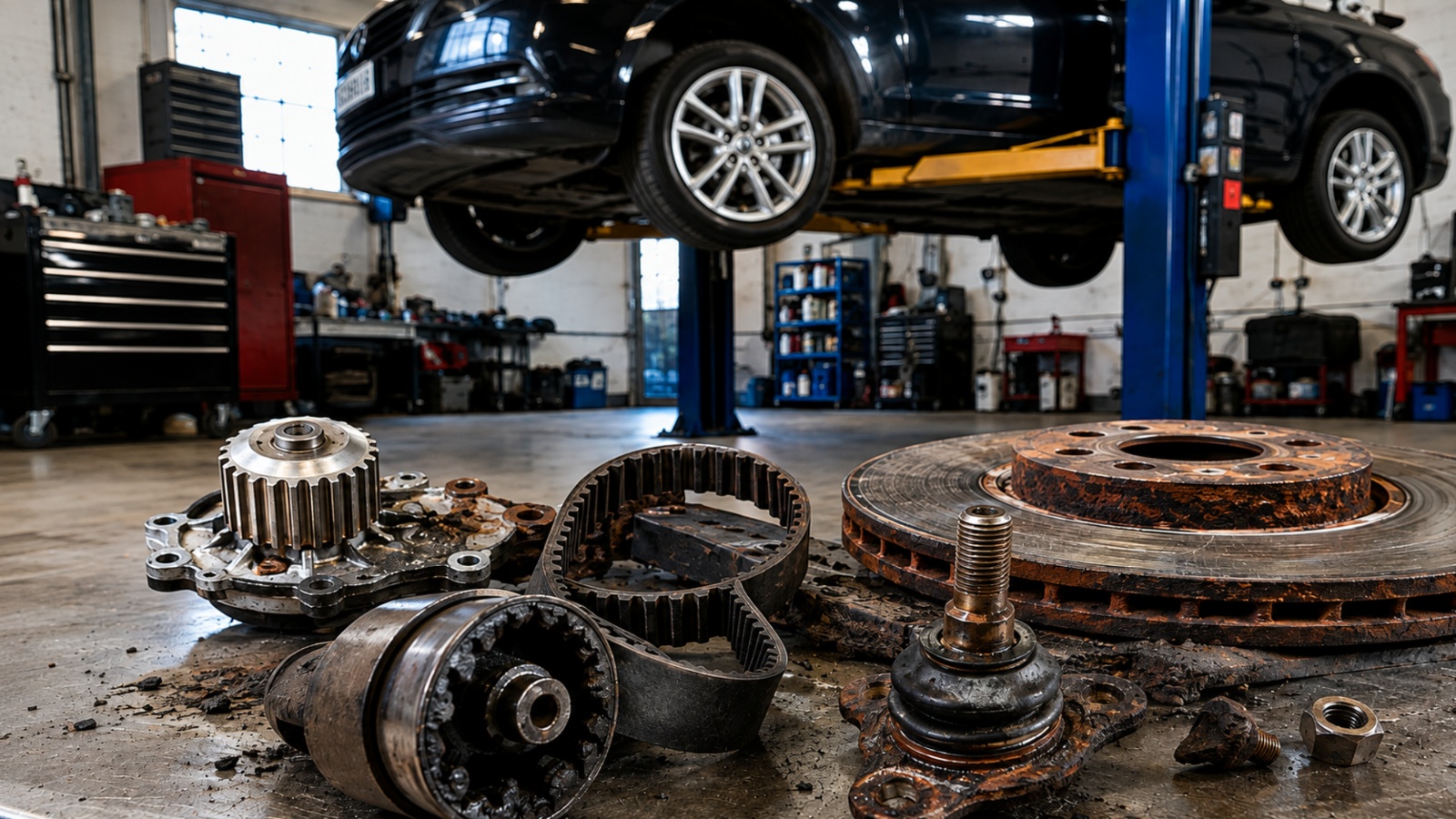 Rusty car parts on a shop floor with a vehicle lifted on a hydraulic hoist