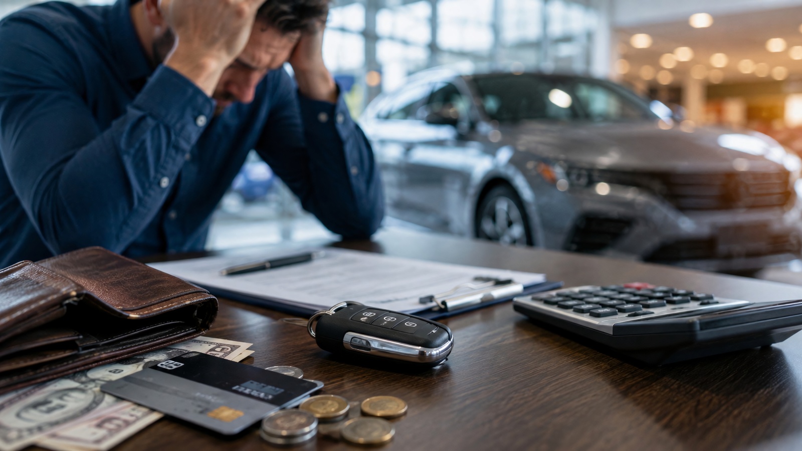 A stressed man holding his head at a car dealership desk with financial documents