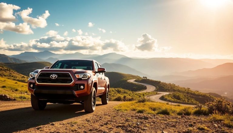 A red pickup truck parked on a dirt road overlooking mountain ranges at sunset