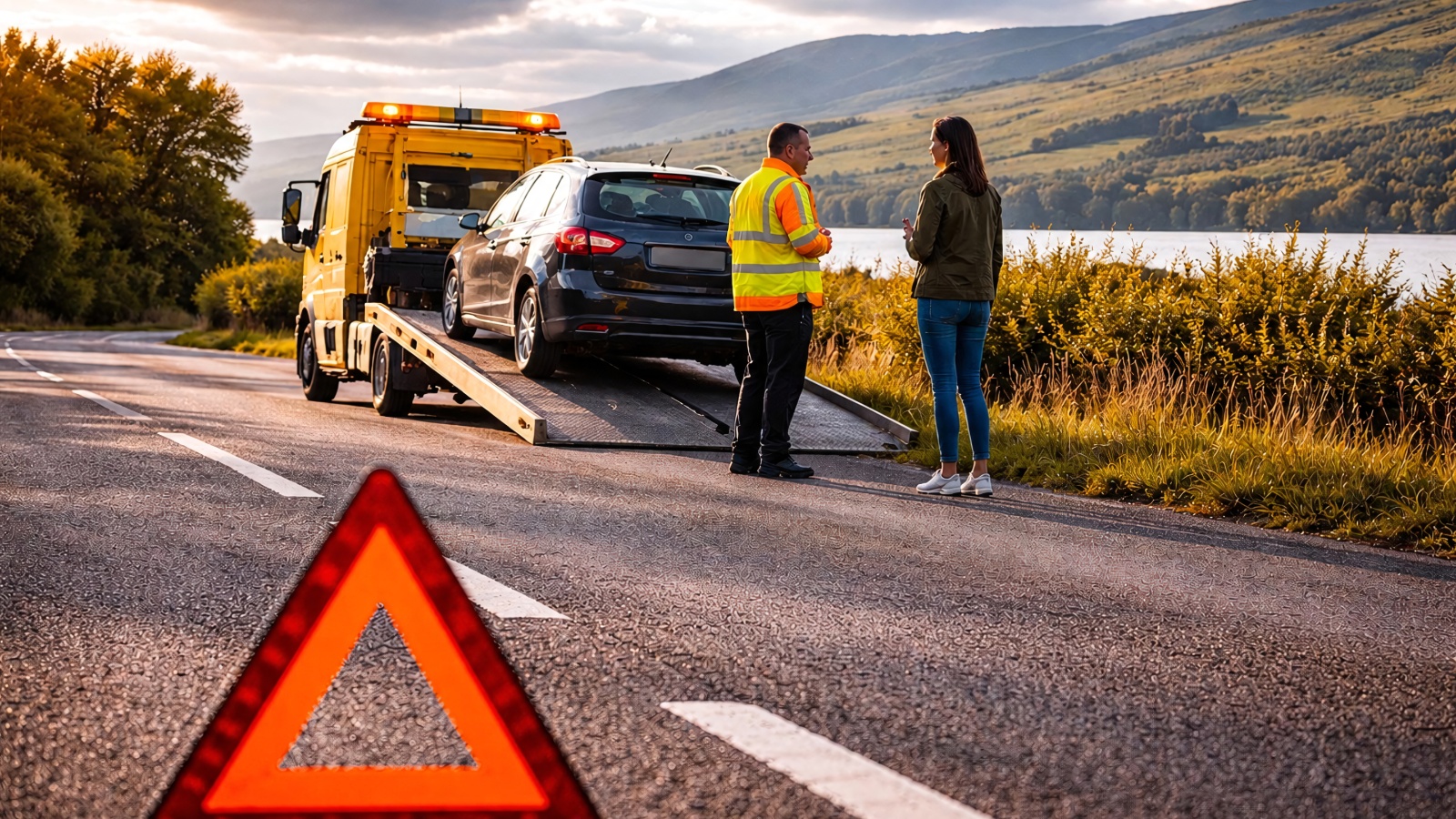 tow truck loading a broken-down car while a driver talks to the worker