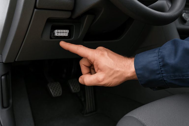 Person pointing to a car's OBD-II port located underneath the dashboard near the pedals