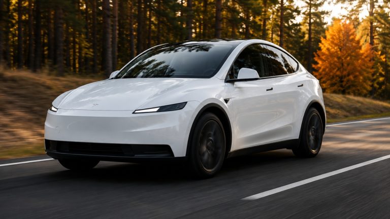 A Tesla Model Y is cruising at high speeds