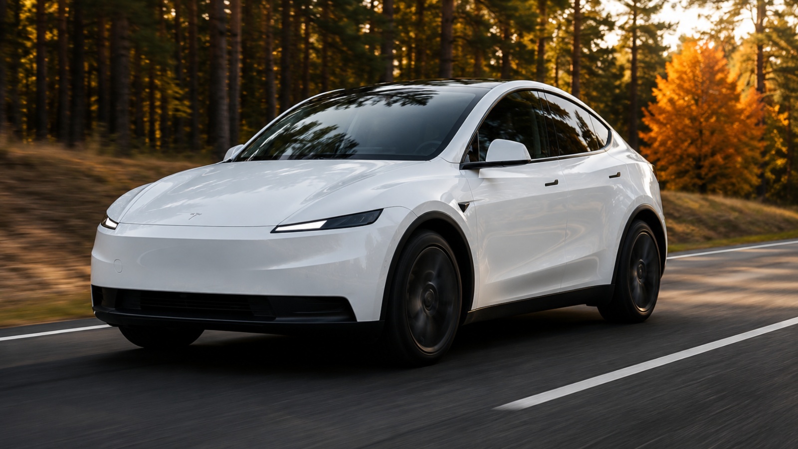 A Tesla Model Y is cruising at high speeds