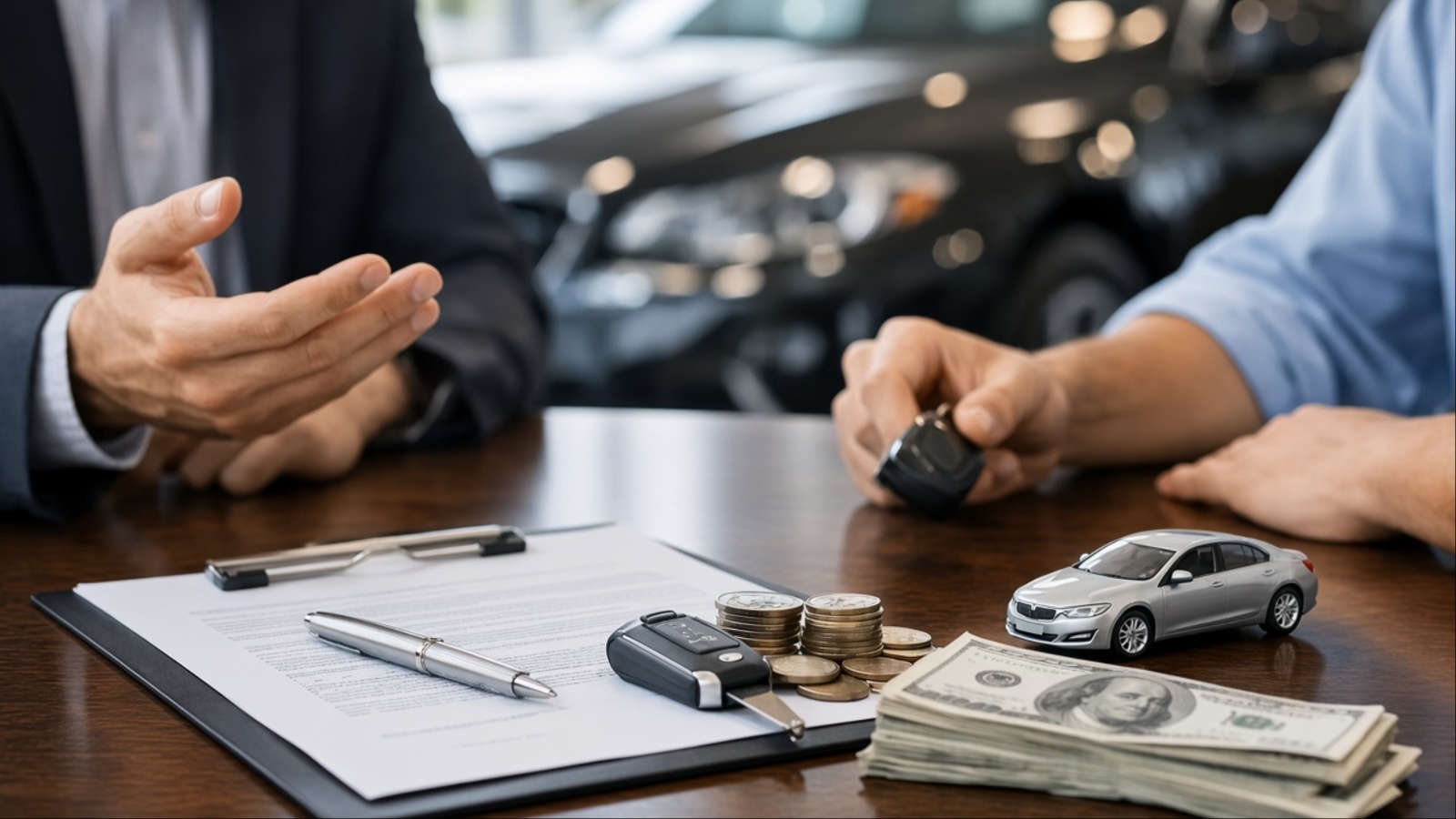 Car lease negotiation with contract and keys