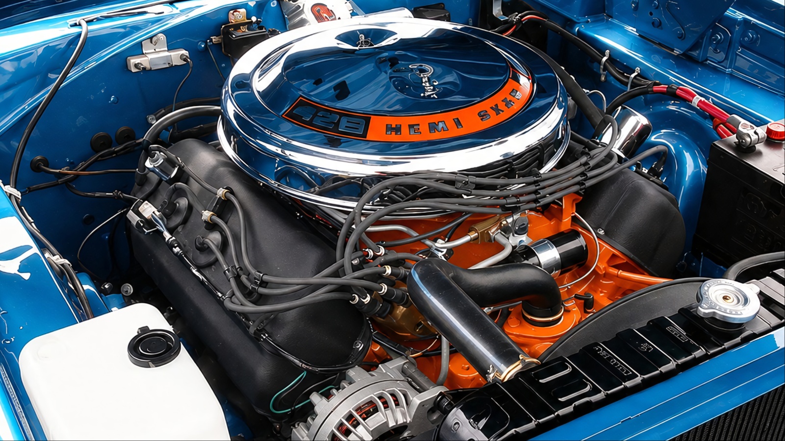 Classic muscle car with hood open showcasing a legendary American V8 engine