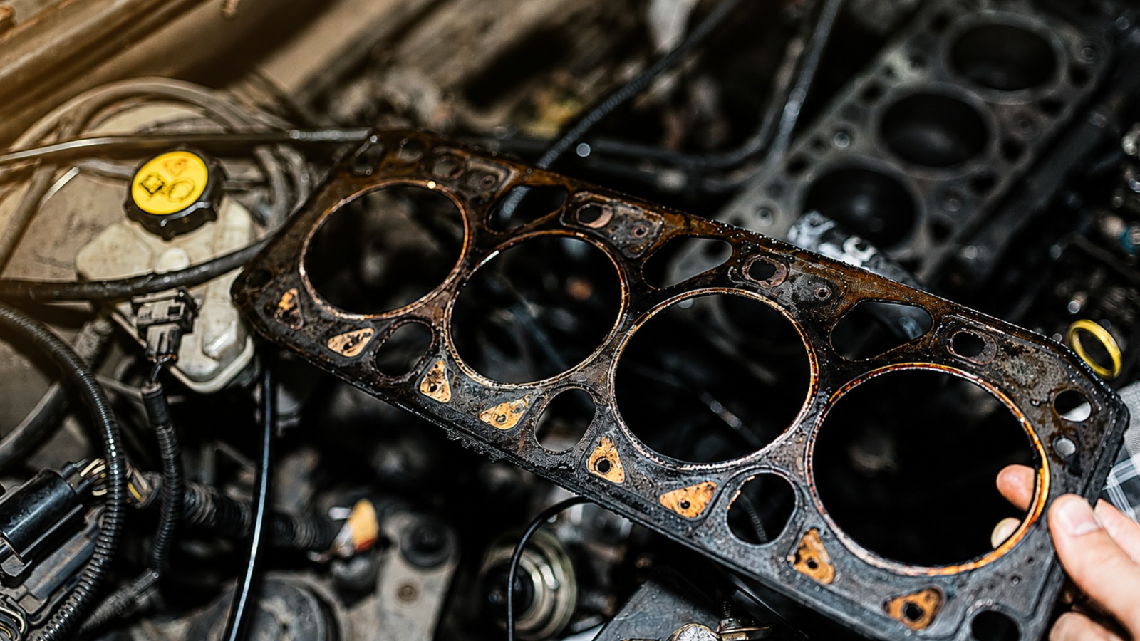mechanic holding a dirty, worn automotive head gasket over an open engine bay