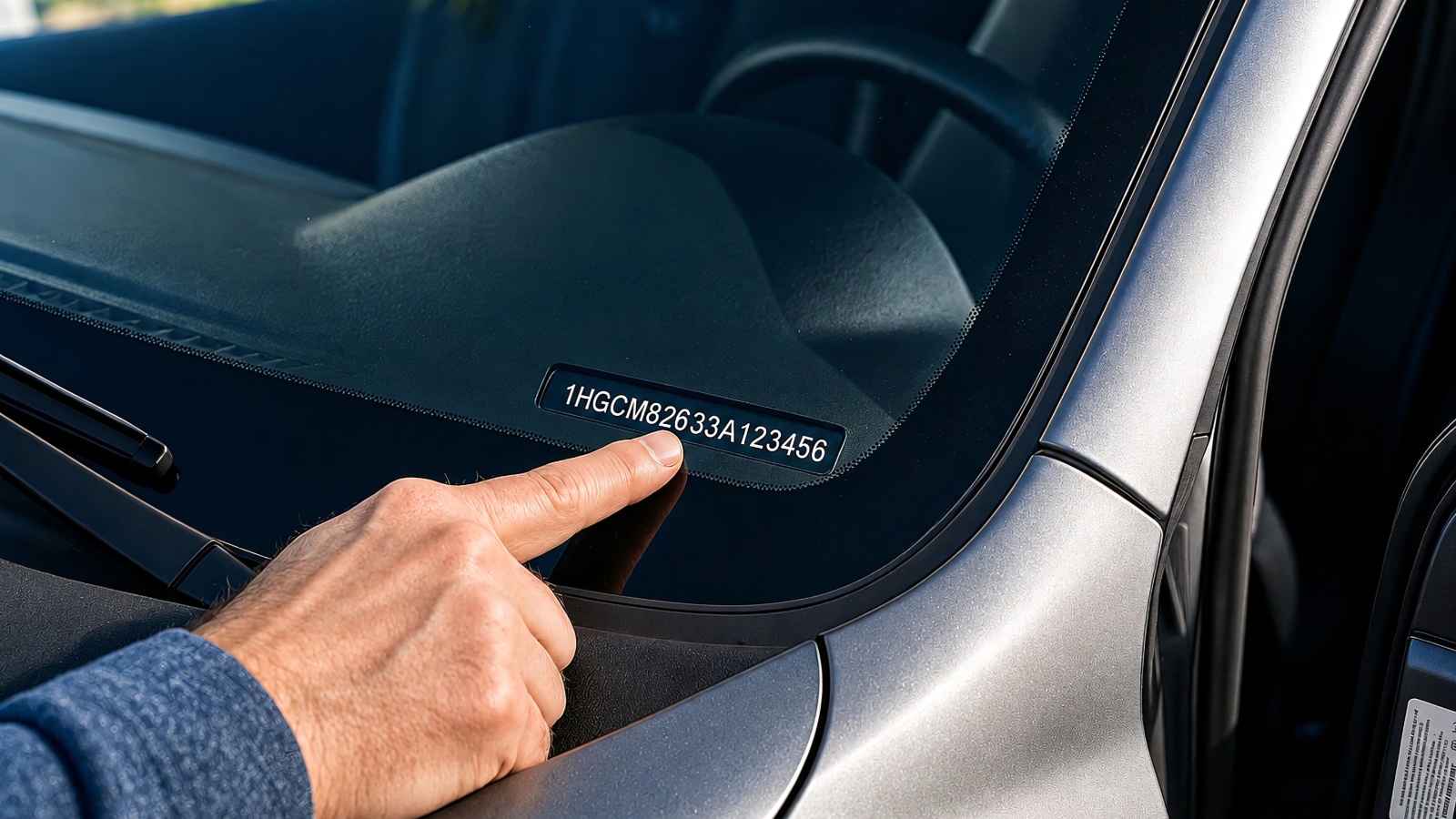 person's hand pointing at a vehicle identification number plate on a car windshield
