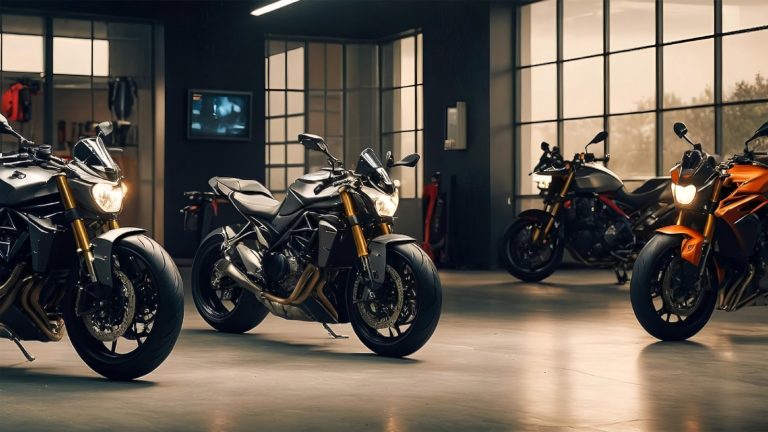 Multiple sports motorcycles parked inside a modern, well-lit indoor garage