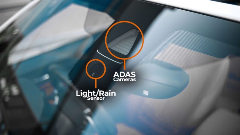 A car windshield is highlighted with light sensor and camera system for ADAS System