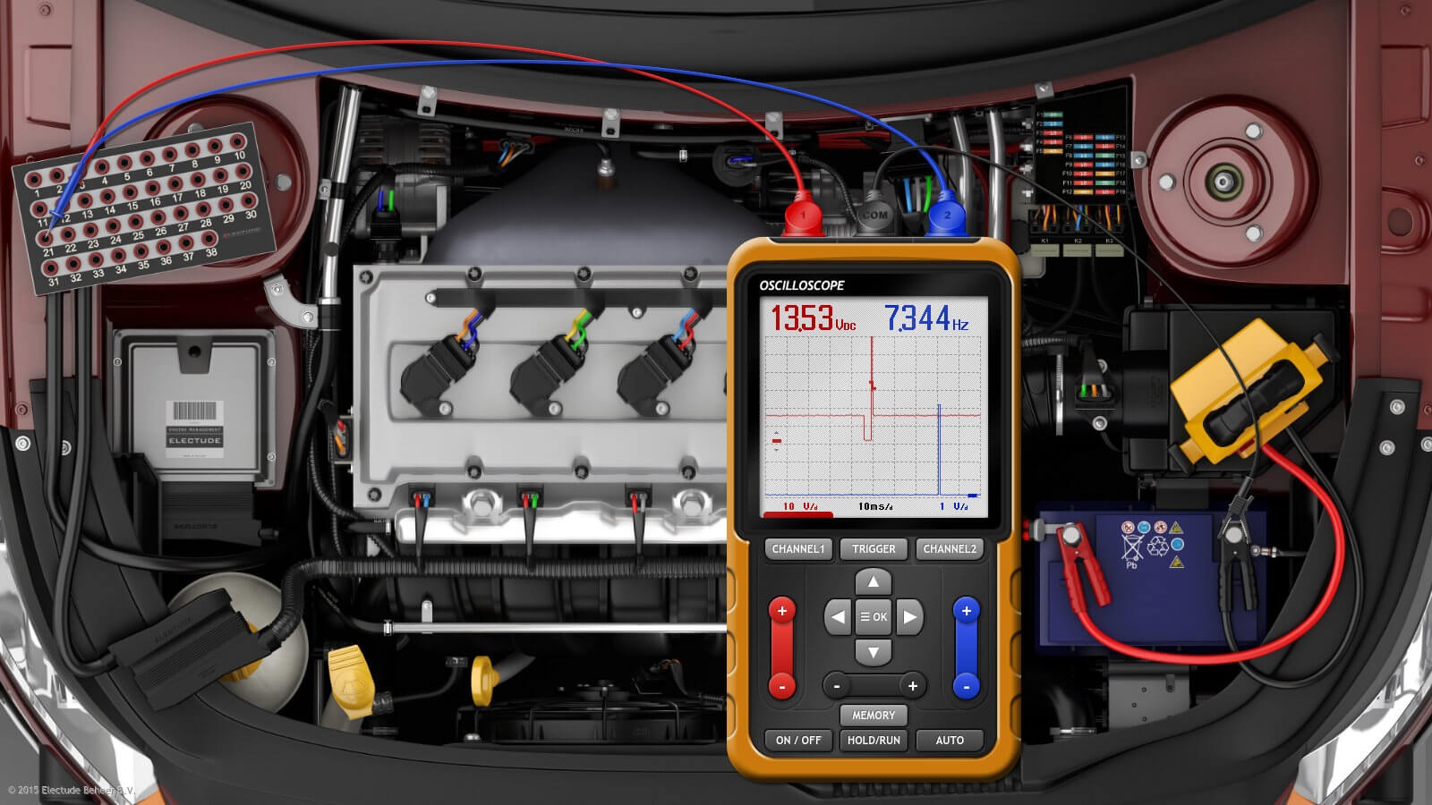An oscilloscope connected to a car’s engine bay to display real-time electrical signals