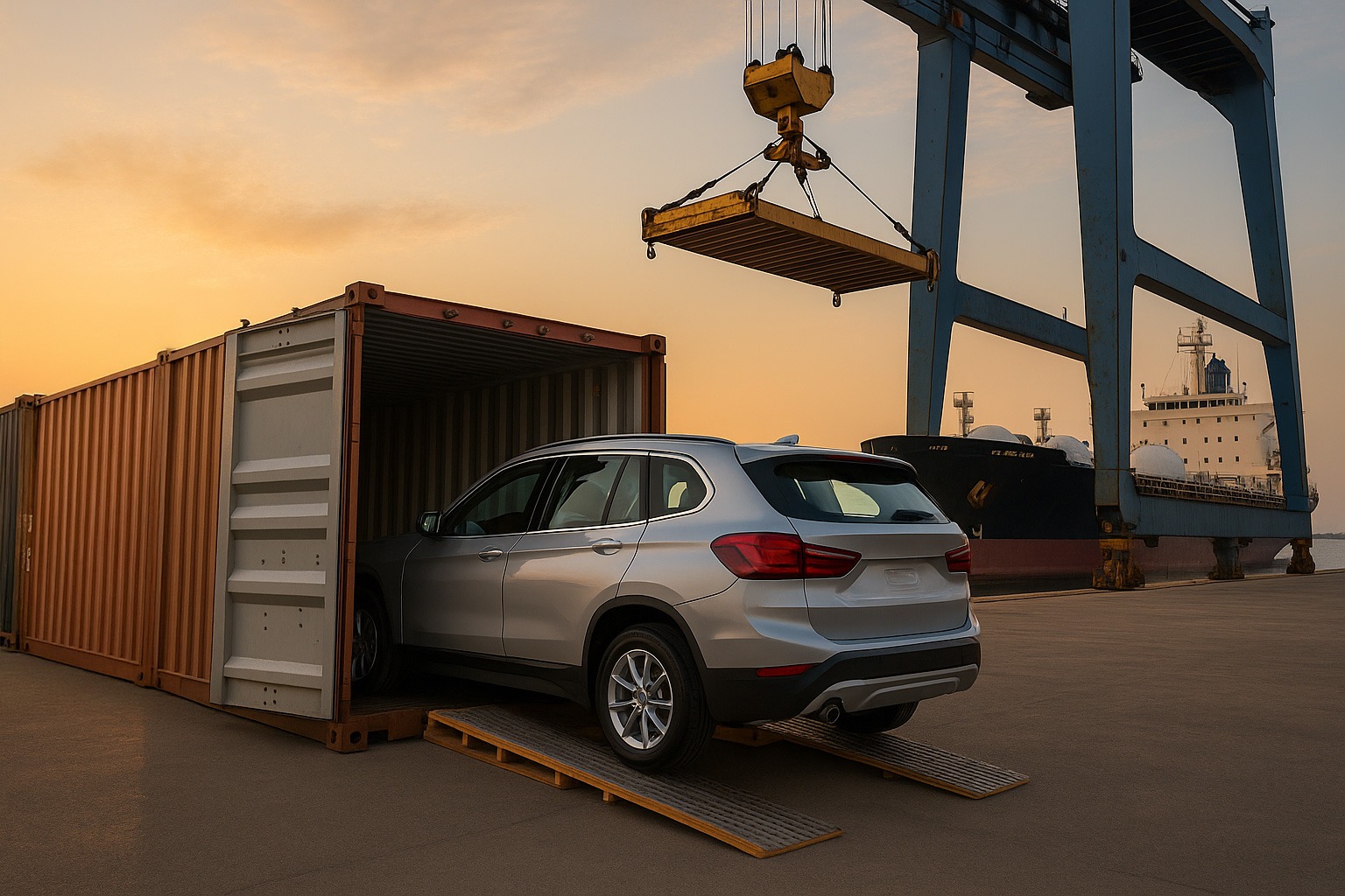BMW X1 being loaded into a shipping container at a port