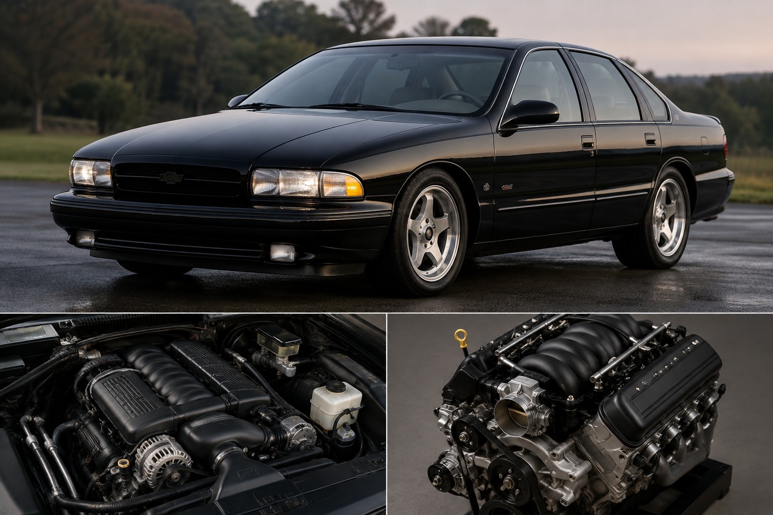 Black 1994 Chevrolet Impala sedan shown with engine bay and V8 engine